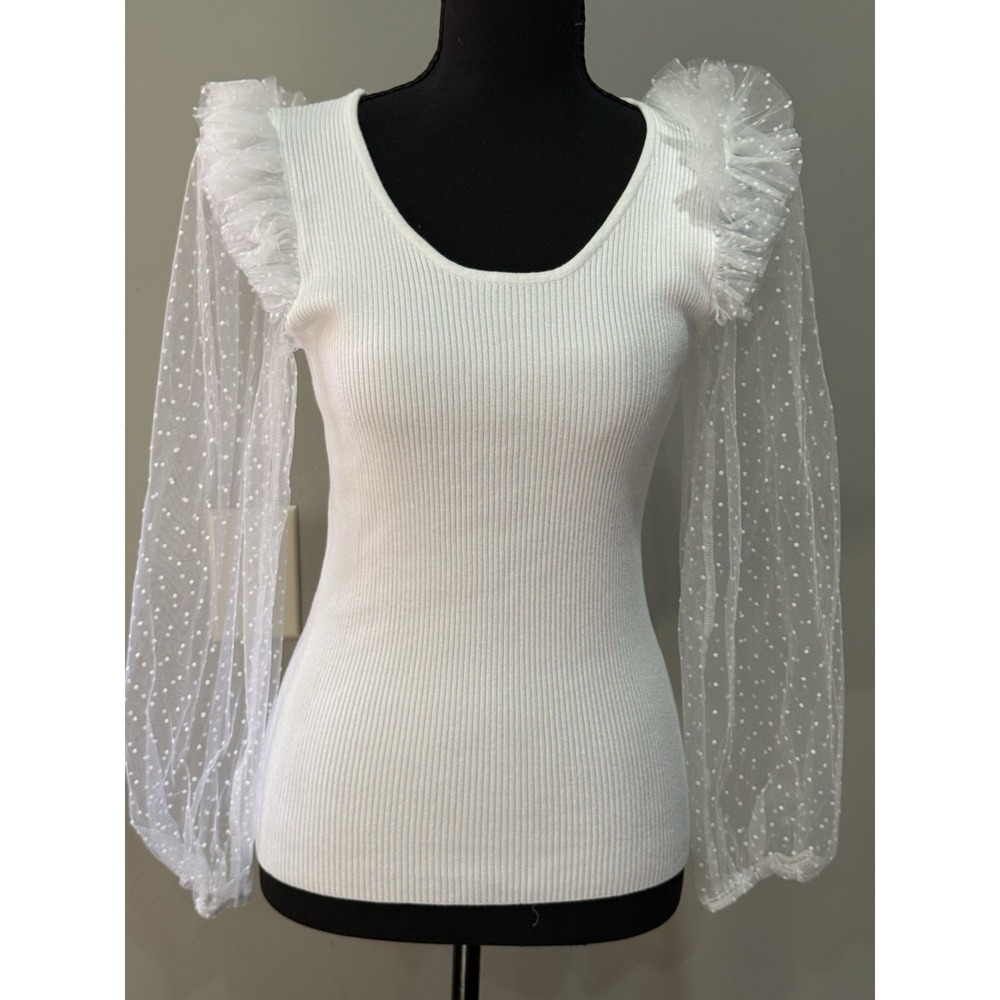 White Top Sheer Polka Dot Tulle Puff Sleeves Ruffle Coquette Fairycore Boho Chic